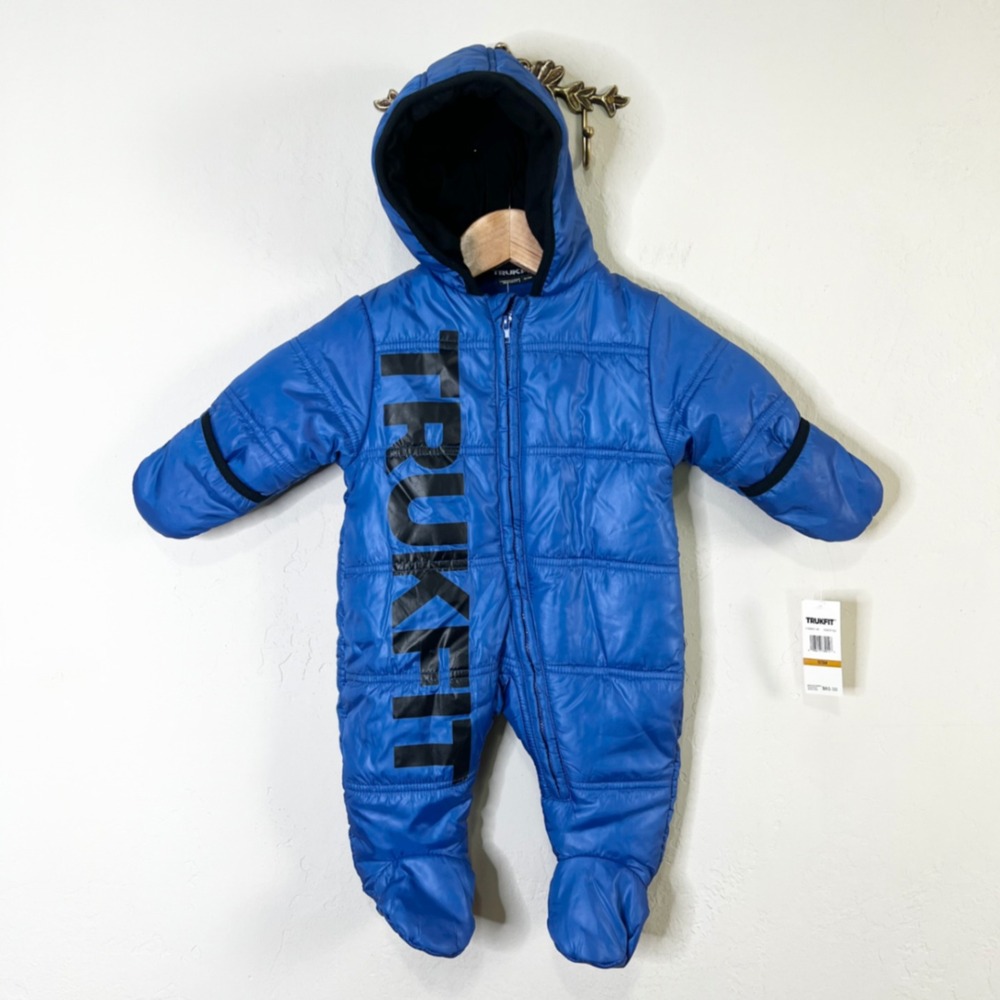 Trukfit‎ Baby Snowsuit Quilted Blue Hooded Puffer Footie Size 0-3 Months NEW
